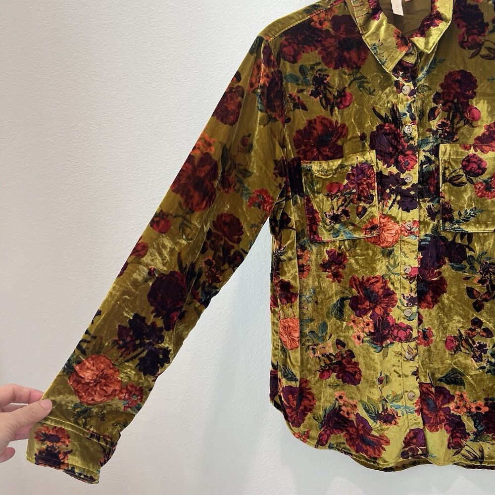 Anthropologie Pilcro Hadley Relaxed Velvet Burnout Shirt Small Mustard Festival - Picture 5 of 9